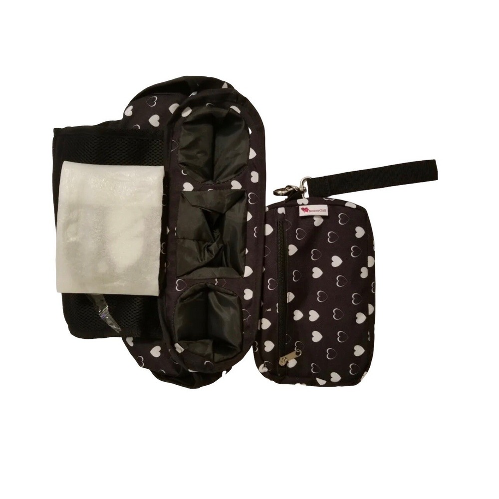 Universal Baby Stroller Organizer‎ Black Background White Hearts Zips NIP